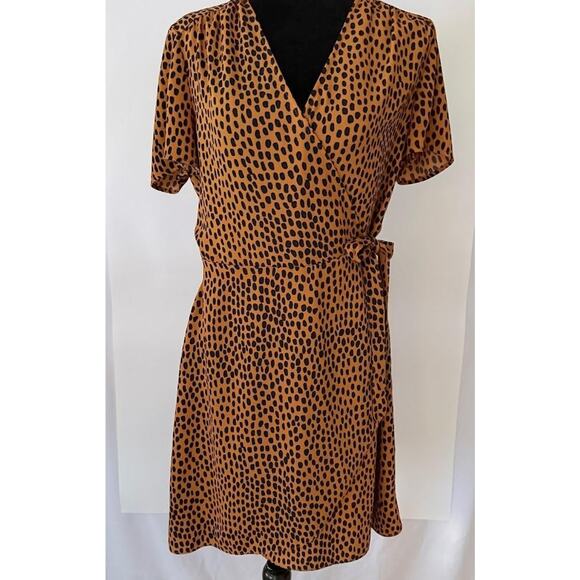 J.Crew Wrap Dress Womens 8 Brown Black Spotted Short Sleeve Tie Waist V Neck - Picture 6 of 16